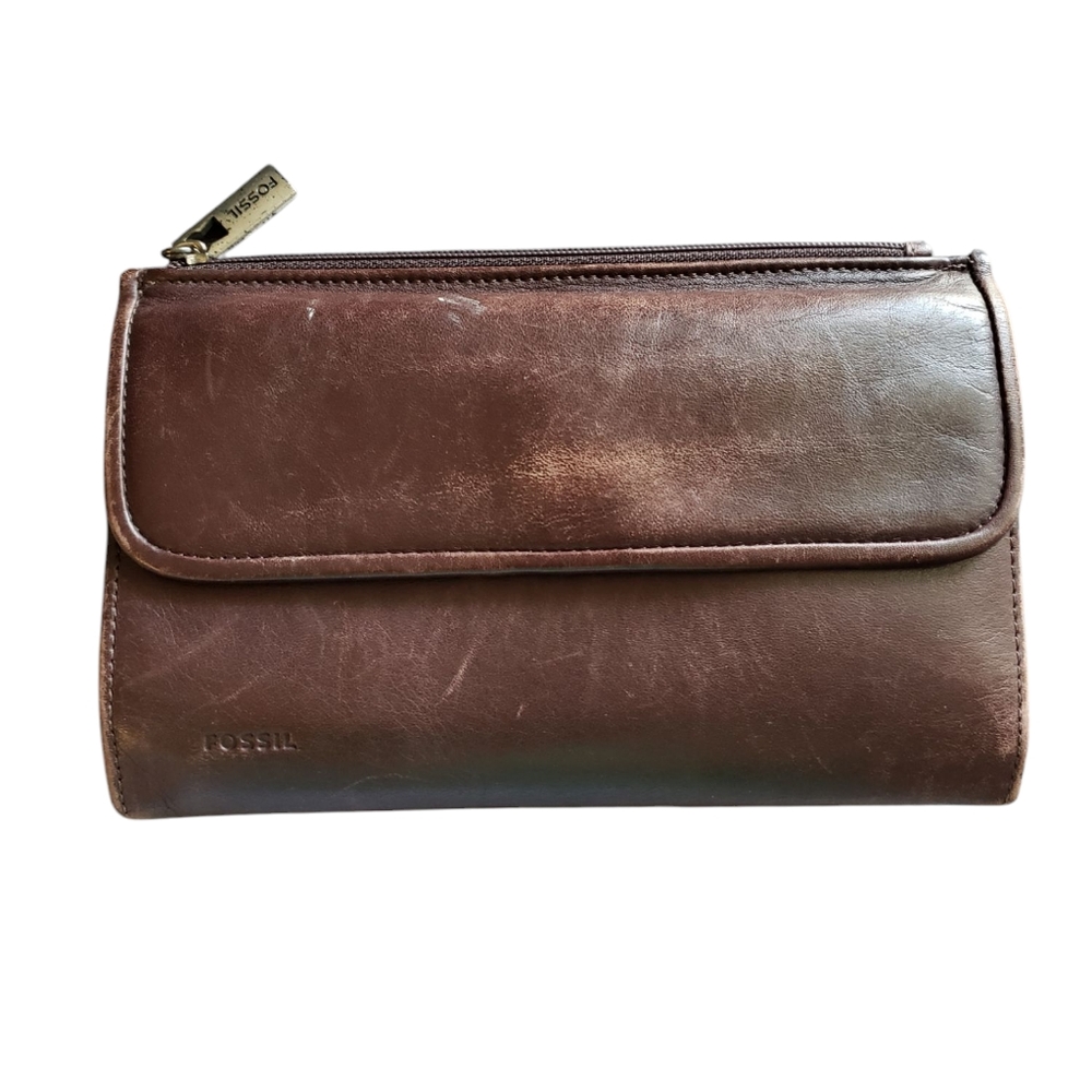 Fossil Wallet Organizer Leather Envelope Cell Phone Case Brown Vtg 90s
